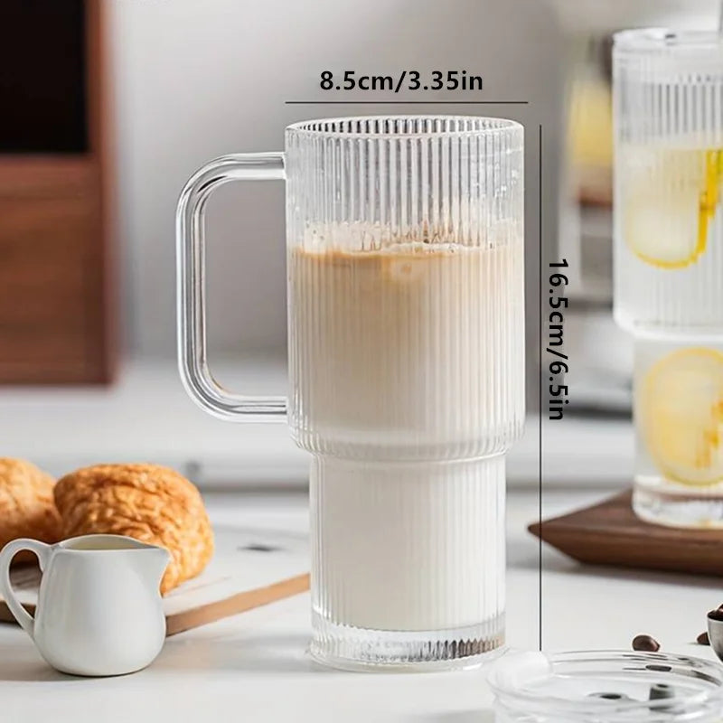 600ml Ribbed Glass Cup with Handle, Lid and Straw – Transparent