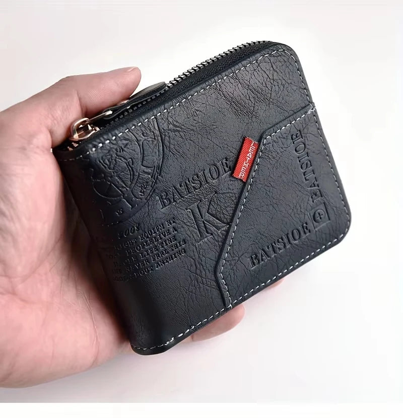 Men's Waxed Leather Card Holder Wallet with Zipper Coin Pocket