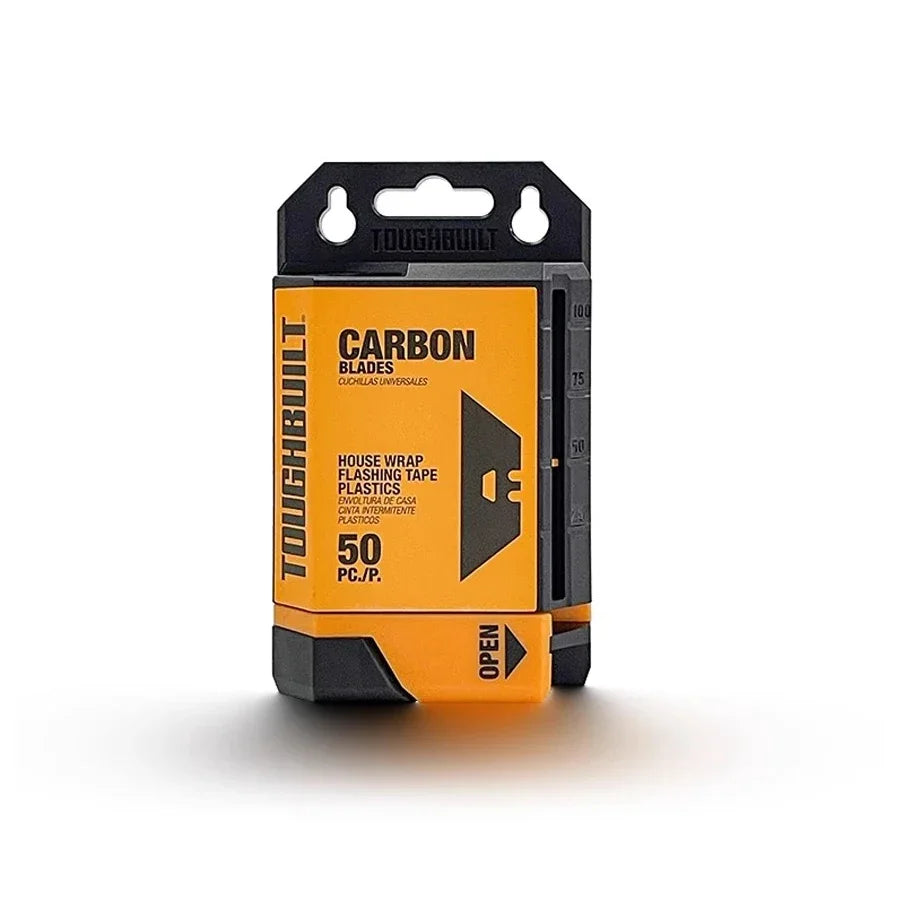 A black dispenser case holding fifty yellow carbon blades for a utility knife.