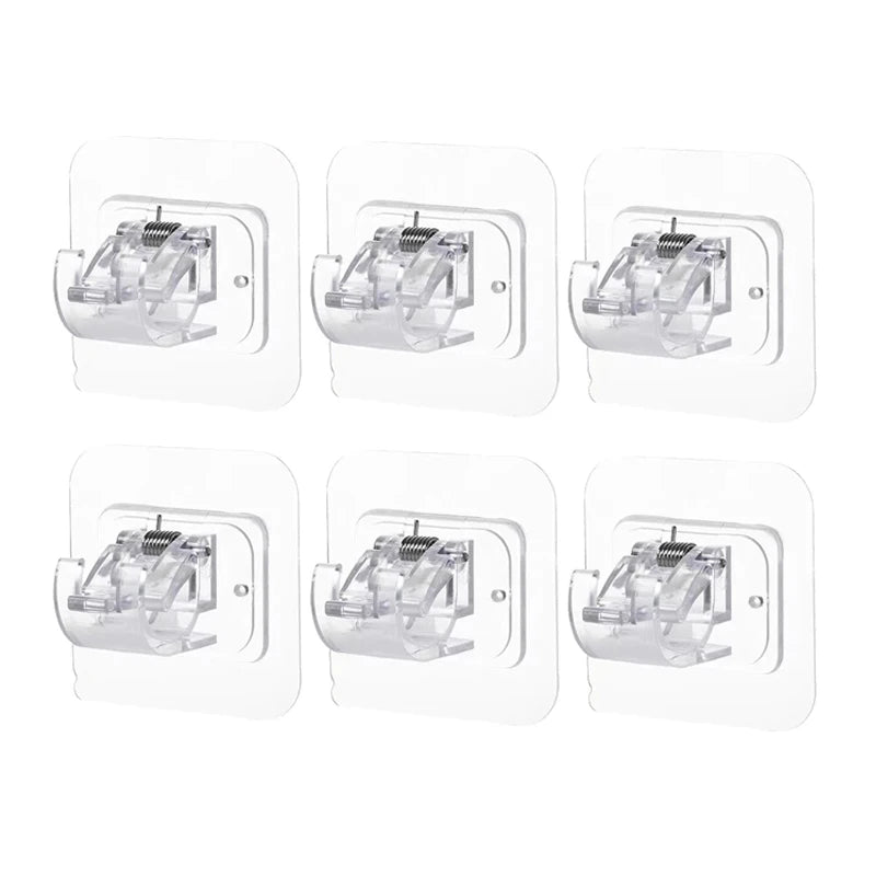 A set of clear adhesive curtain rod hooks designed as a nail-free clamp for showers and storage.