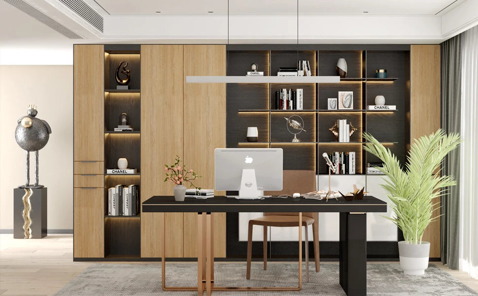 A modern office setup featuring wooden cabinetry, shelving, and a desk with a computer and plants.