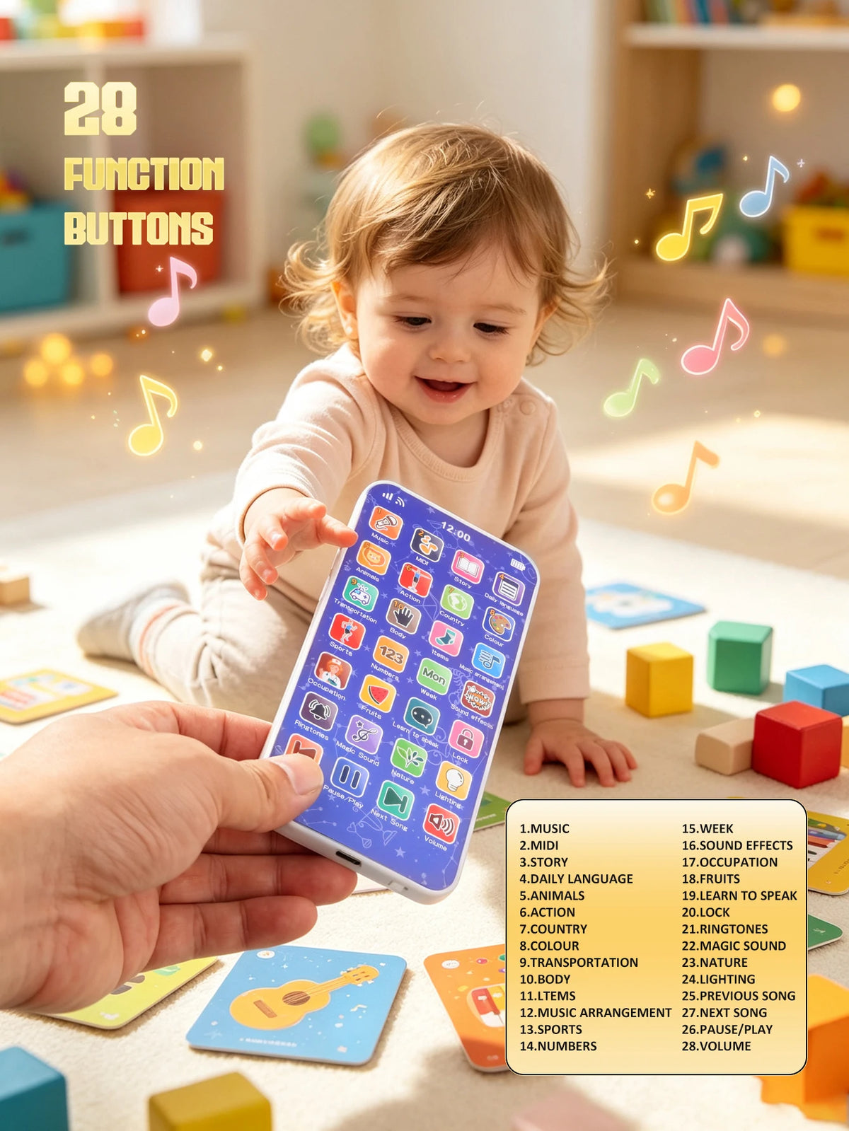 A toddler holds a colorful smartphone learning toy with various buttons and icons, demonstrating educational functions.