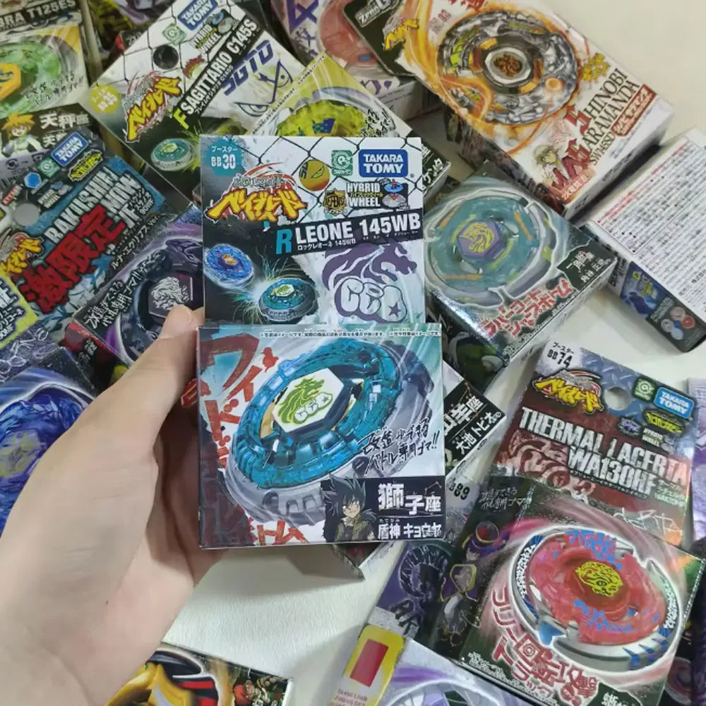 A collection of Metal Fight Beyblade Rock Leone Premium Collector's Edition toys and packaging.