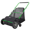 A black and green push lawn sweeper with a large hopper and adjustable height.