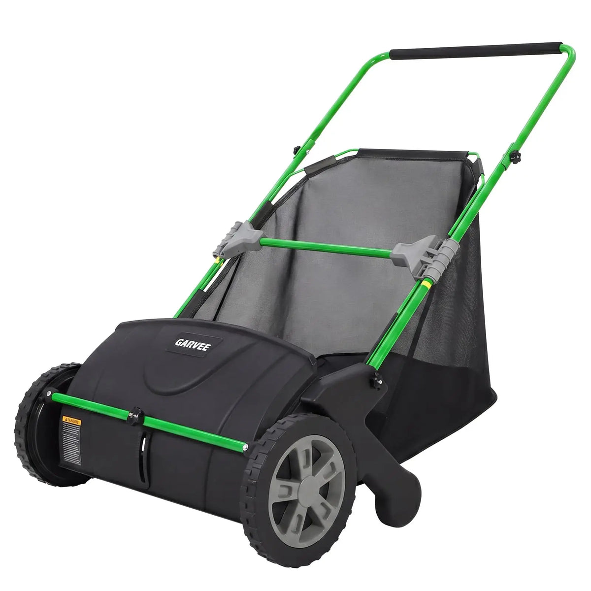 A black and green push lawn sweeper with a large hopper and adjustable height.