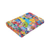 A colorful flannel throw blanket featuring various Sesame Street characters.