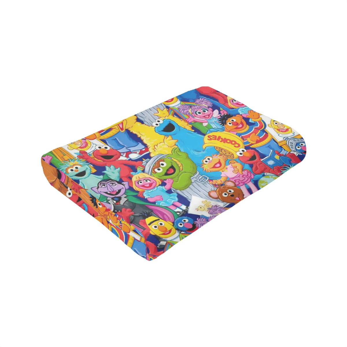 A colorful flannel throw blanket featuring various Sesame Street characters.