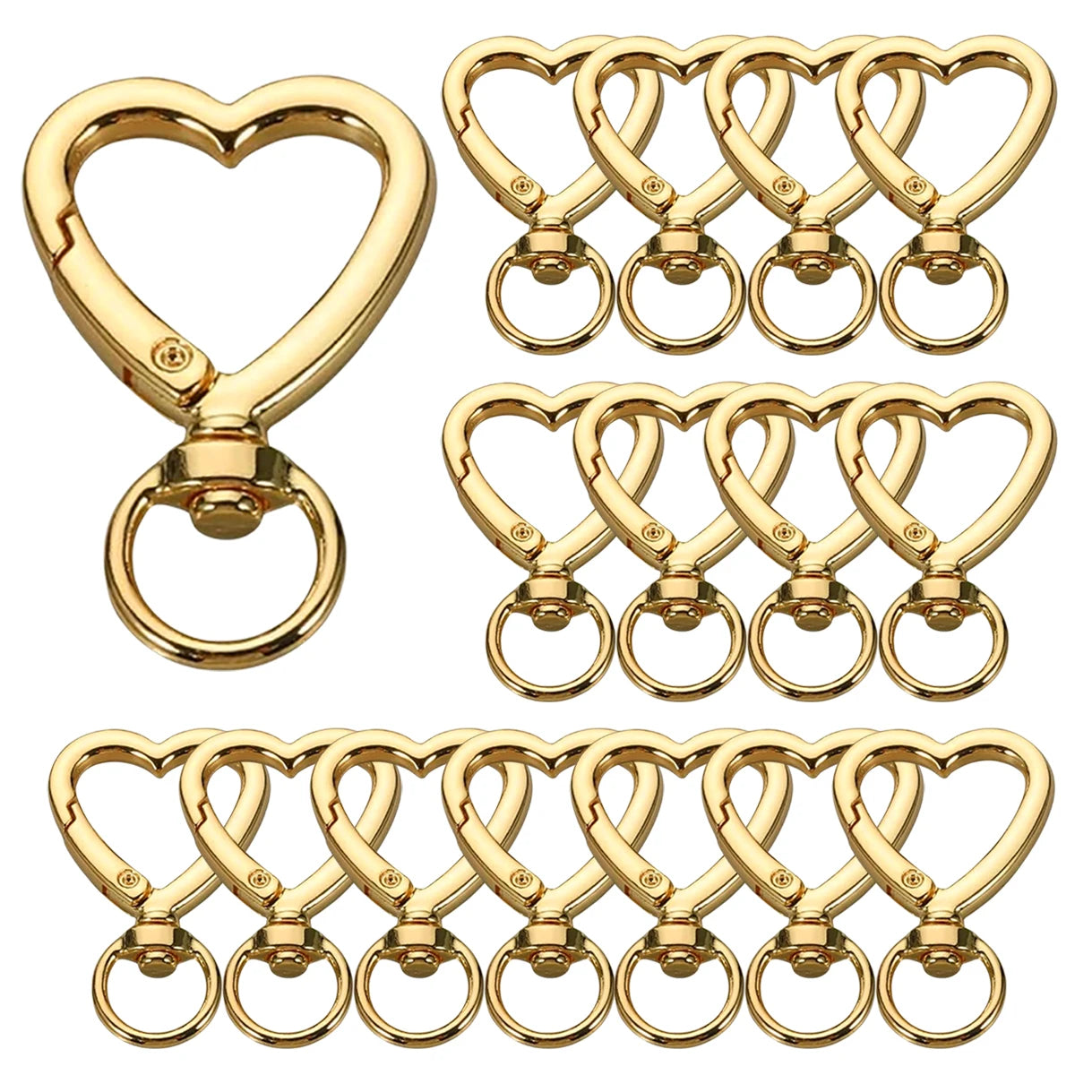 A set of gold heart-shaped spring hook keychains for keys, bags, and luggage.