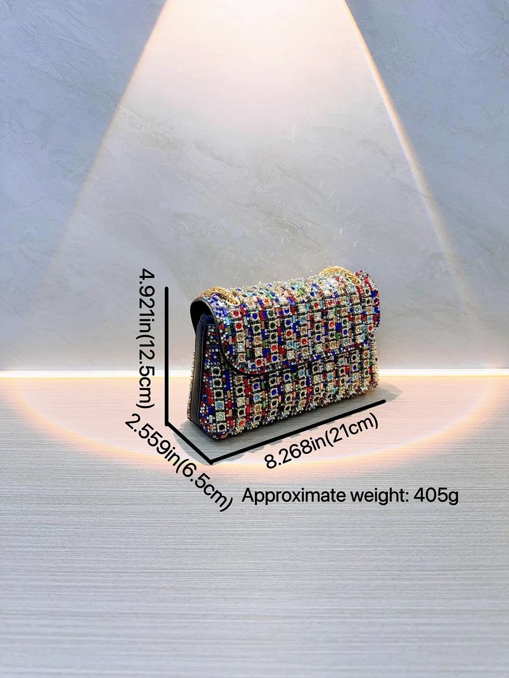 Crystal-Embellished Evening Clutch Bag with Chain Strap