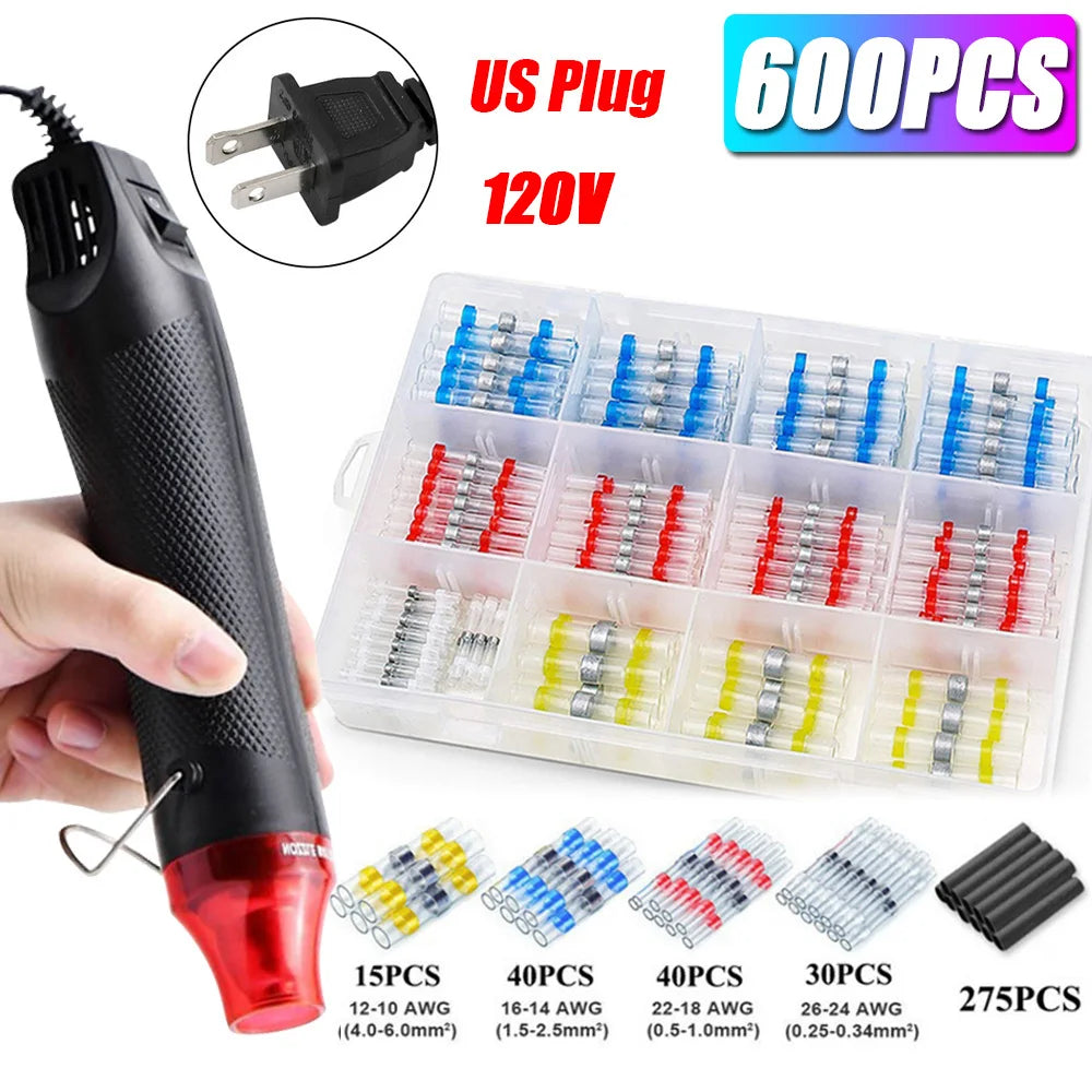 A black soldering iron with a red tip is shown next to a plastic storage box containing 600 pieces of various AWG solder wire