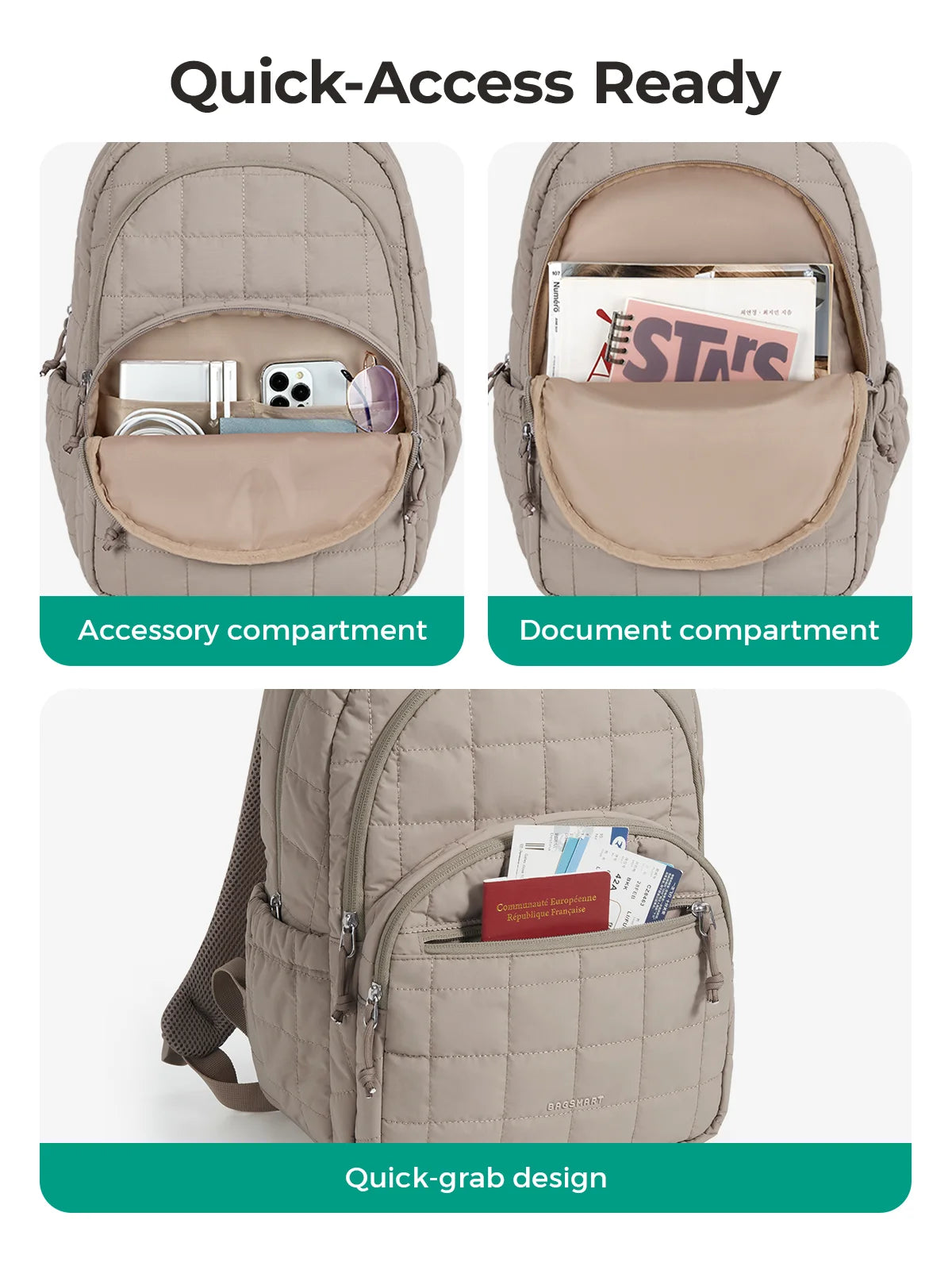 Quilted Casual Daypack with Padded Laptop Compartment