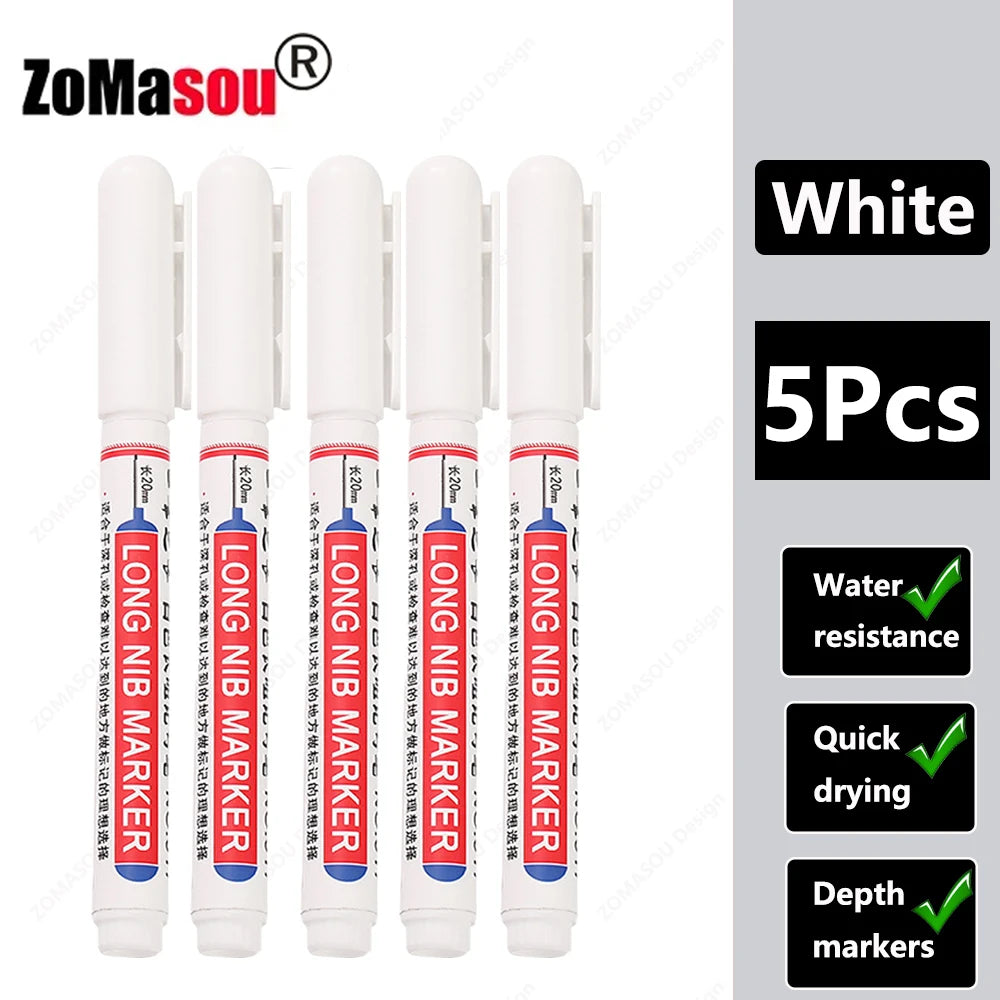 Five white long marker tools used for deep hole marking in woodworking and construction