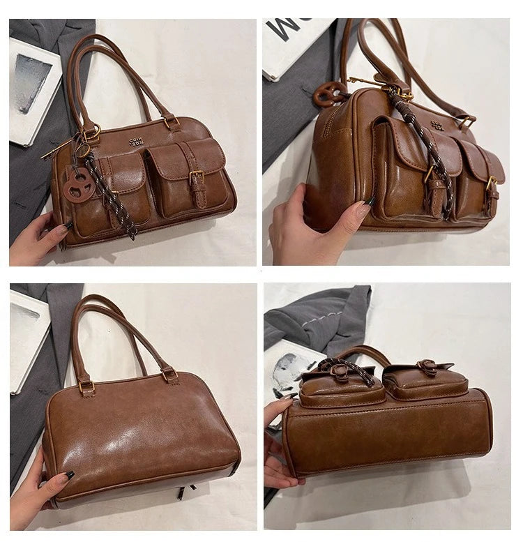 Women's Retro PU Leather Shoulder Bag with Multiple Pockets & Detachable Charm