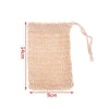 A natural sisal soap saver bag with exfoliating mesh, light beige in color.