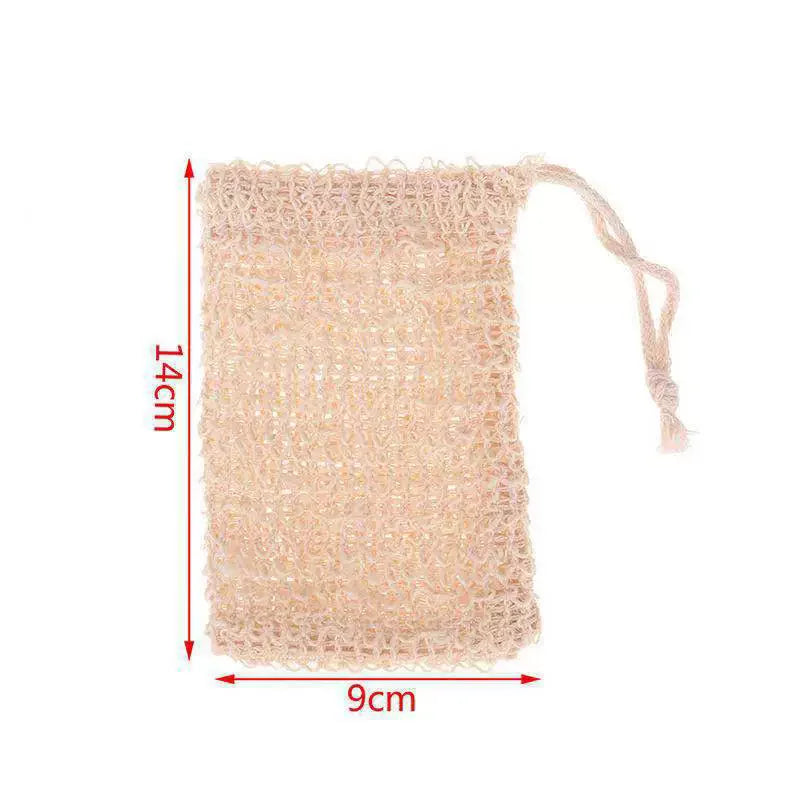A natural sisal soap saver bag with exfoliating mesh, light beige in color.