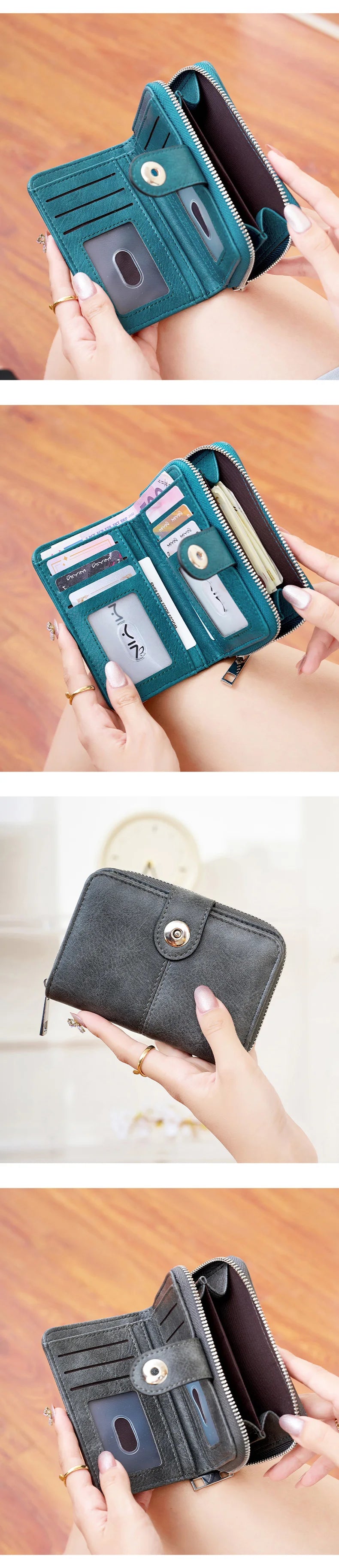 A teal vintage RFID blocking short wallet with a zipper closure is held by a person.