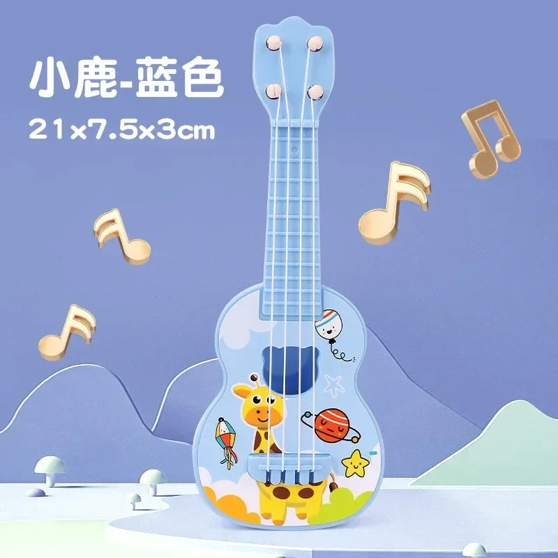 A light blue mini ukulele toy guitar with a wooden neck and body, featuring colorful animal decorations.