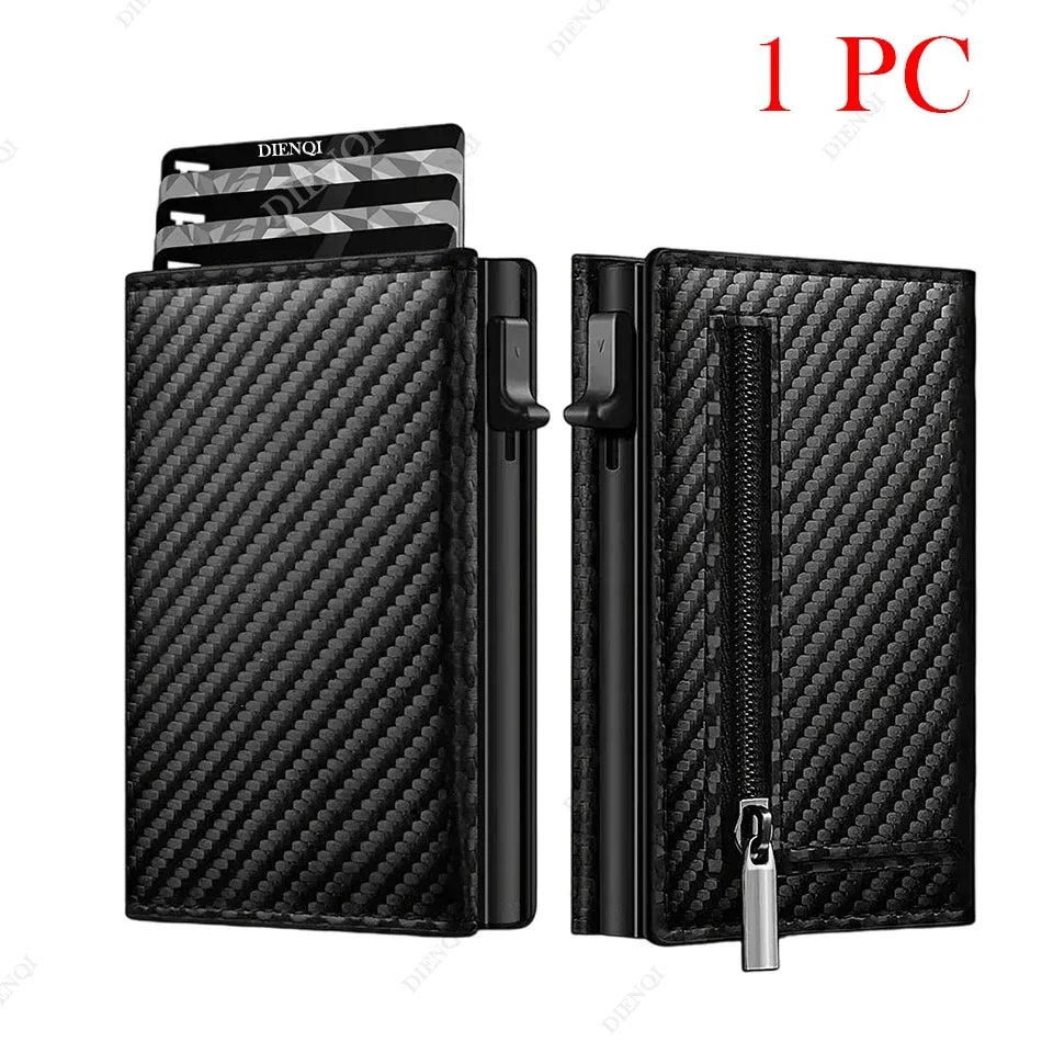 Black RFID blocking pop-up wallet with card holder shown in a vertical view
