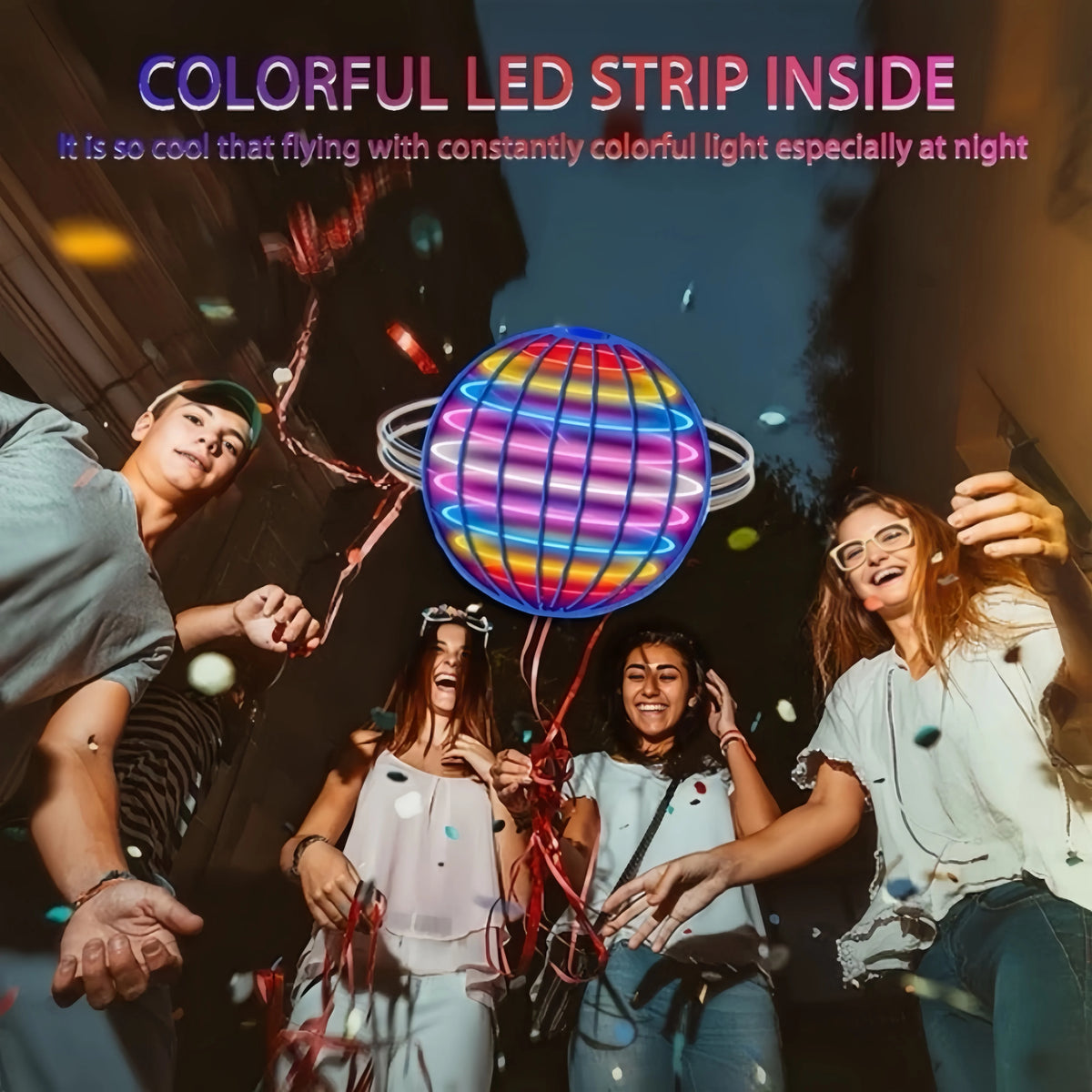 A group of young people are enjoying a colorful LED strip inside a flying spinner toy with boomerang action.