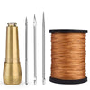 A set of leather sewing awls with replaceable needles shown next to a spool of brown thread.