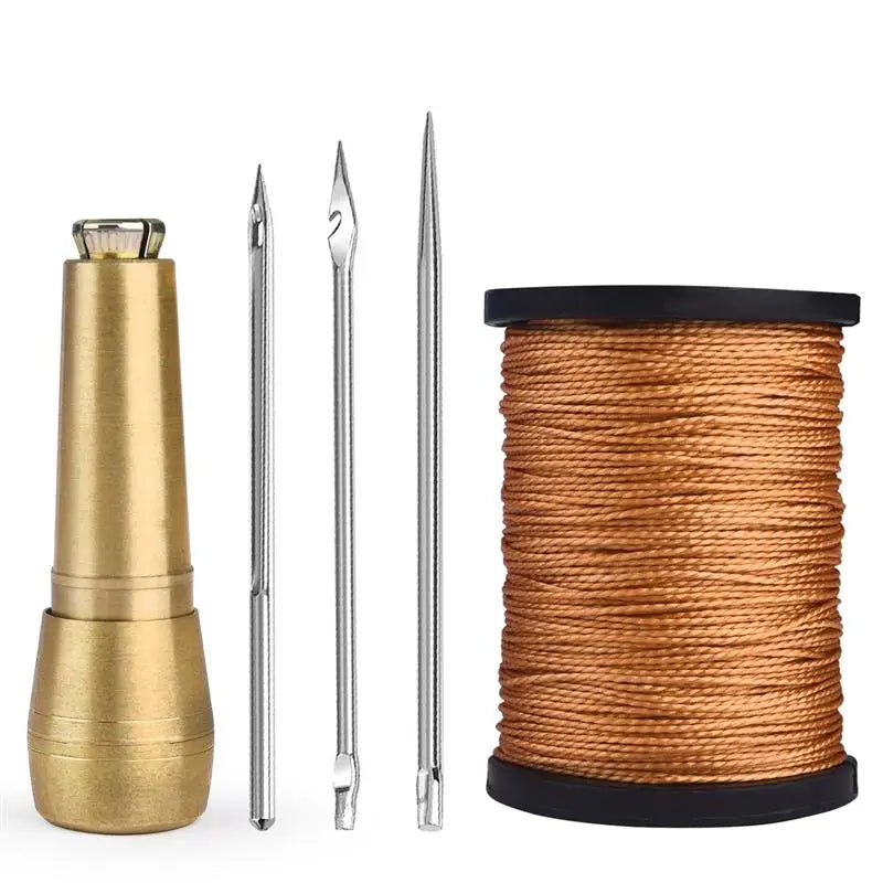 A set of leather sewing awls with replaceable needles shown next to a spool of brown thread.