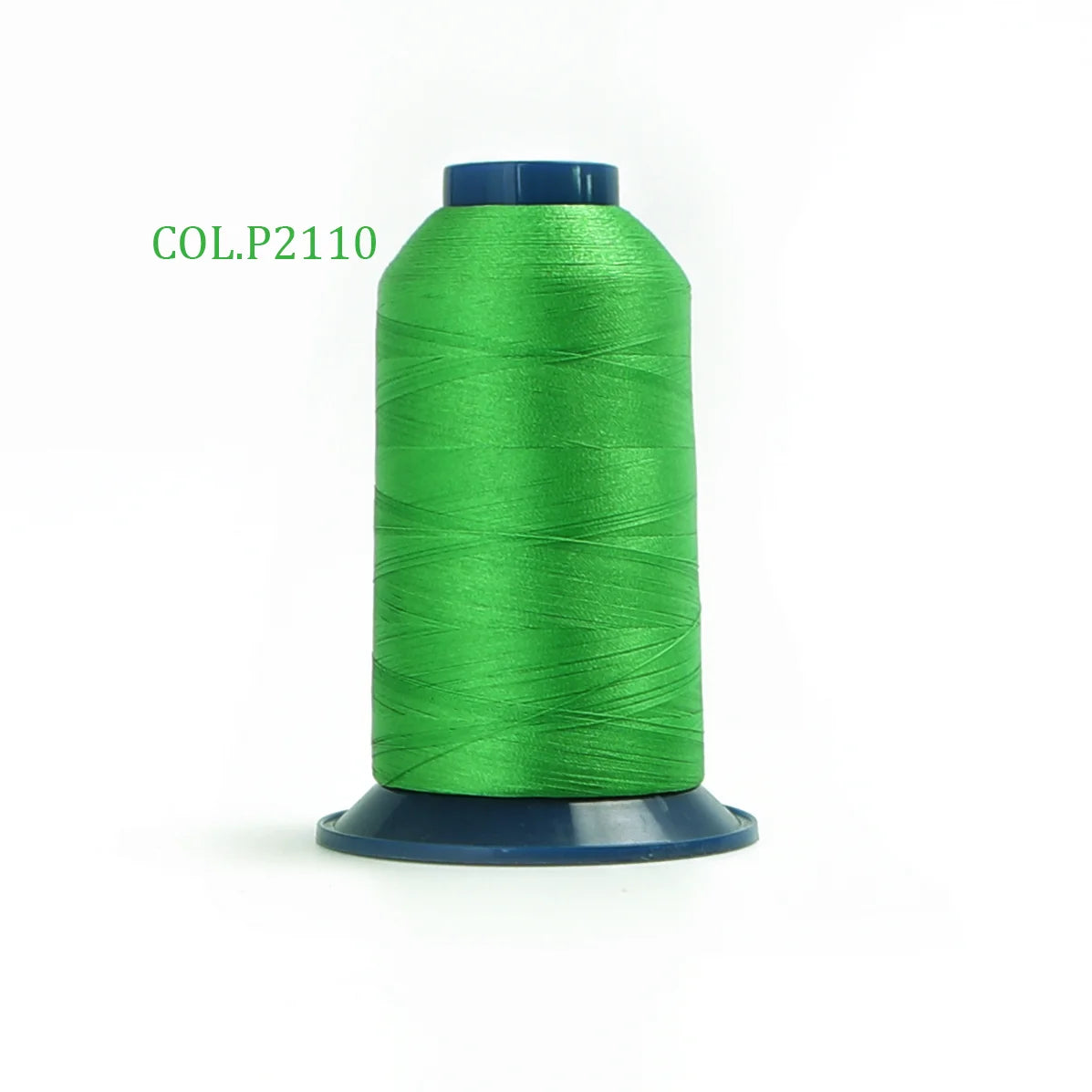 A spool of green polyester embroidery thread labeled COL.P2110.