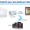 A white Wii to HDMI converter device shown next to a controller, an HDMI output cable, and a speaker.