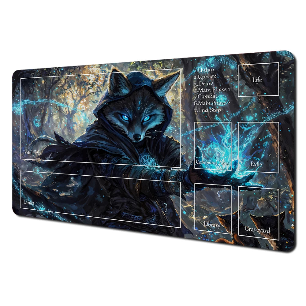 Fantasy card playmat featuring an illustration of a cat-like creature and various labeled card slots.