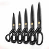 A set of twelve black heavy duty tailor scissors with numbered blades, arranged vertically.