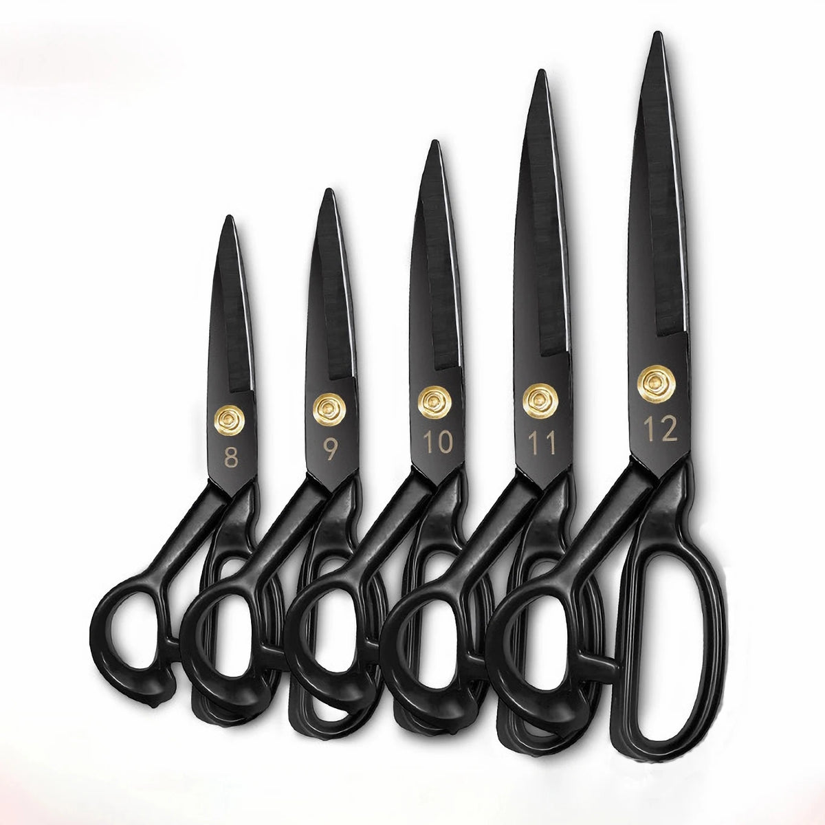 A set of twelve black heavy duty tailor scissors with numbered blades, arranged vertically.