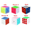 A collection of various colored magnetic speed cubes including Jelly, Warrior S, Black, Warrior W, Neon, and White.
