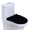 A white toilet with a black soft flannel seat cover installed.