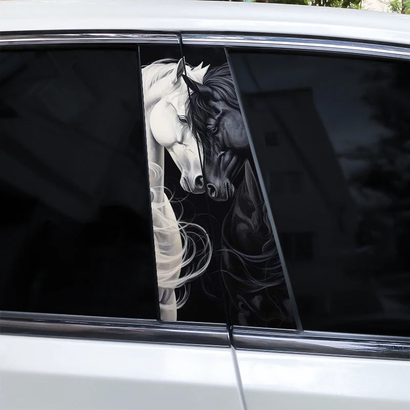 Black and white decal of a horse's head on a car window.