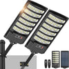 A black high-powered solar flood light with a motion sensor and dusk-to-dawn operation is shown, along with its mounting hard