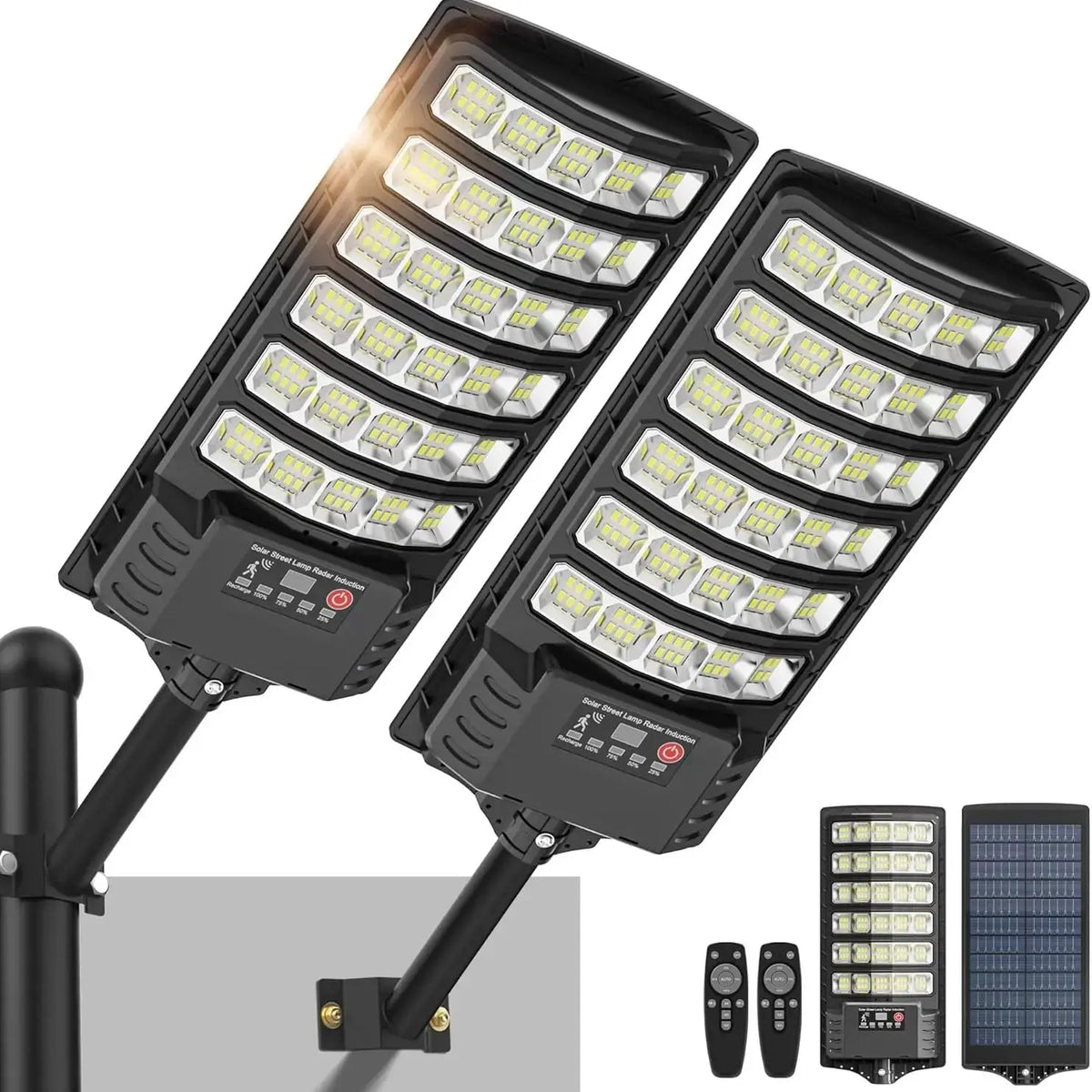 A black high-powered solar flood light with a motion sensor and dusk-to-dawn operation is shown, along with its mounting hard