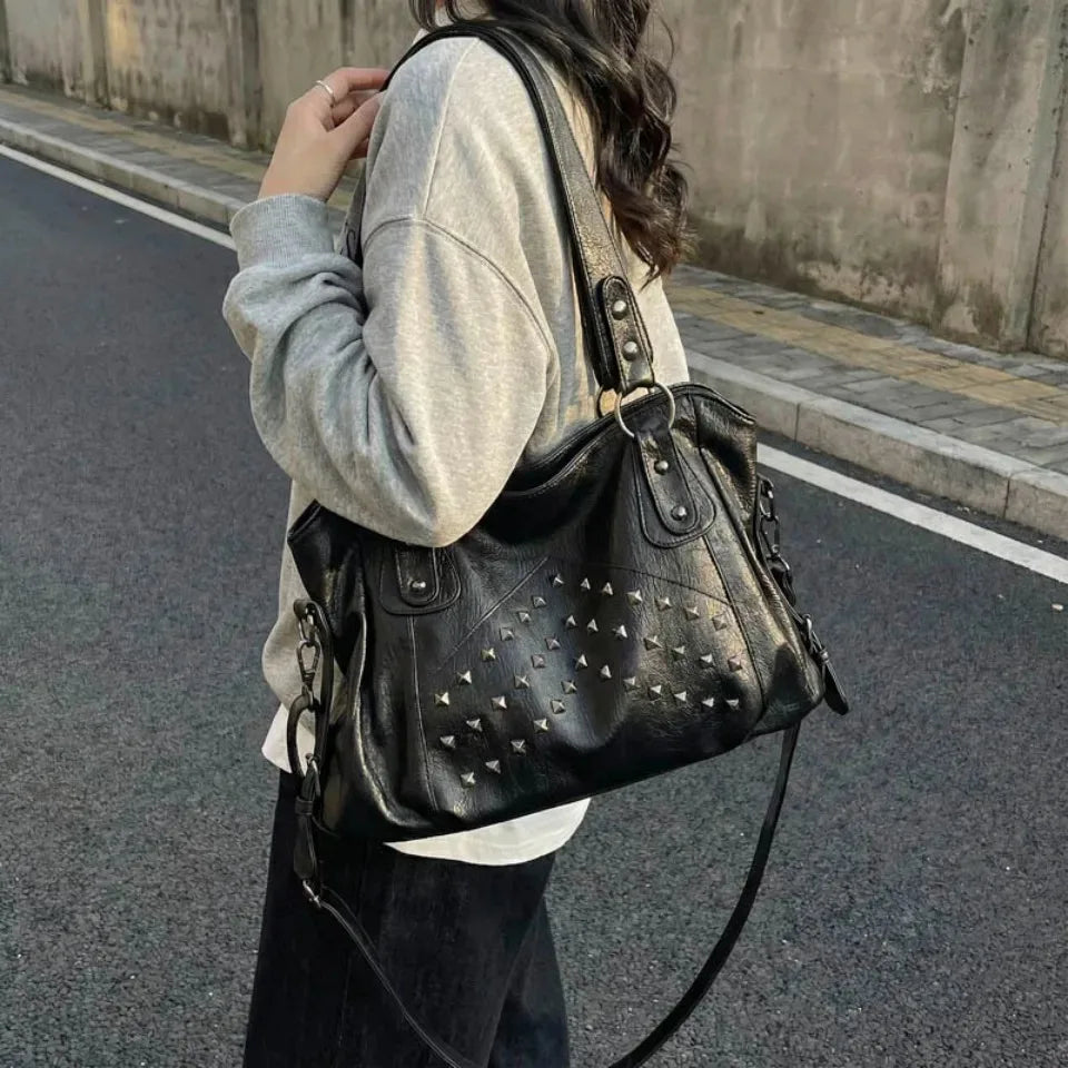 Rivet Punk Large Capacity Tote Bag with Adjustable Crossbody Strap