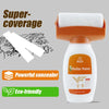 A white roller paint tool with an orange handle and a white foam roller cover, demonstrating super-coverage and being eco-fri