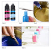 Five steps showing the process of dyeing a liquid candle kit with fluorescent rose red and fluorescent blue colors.