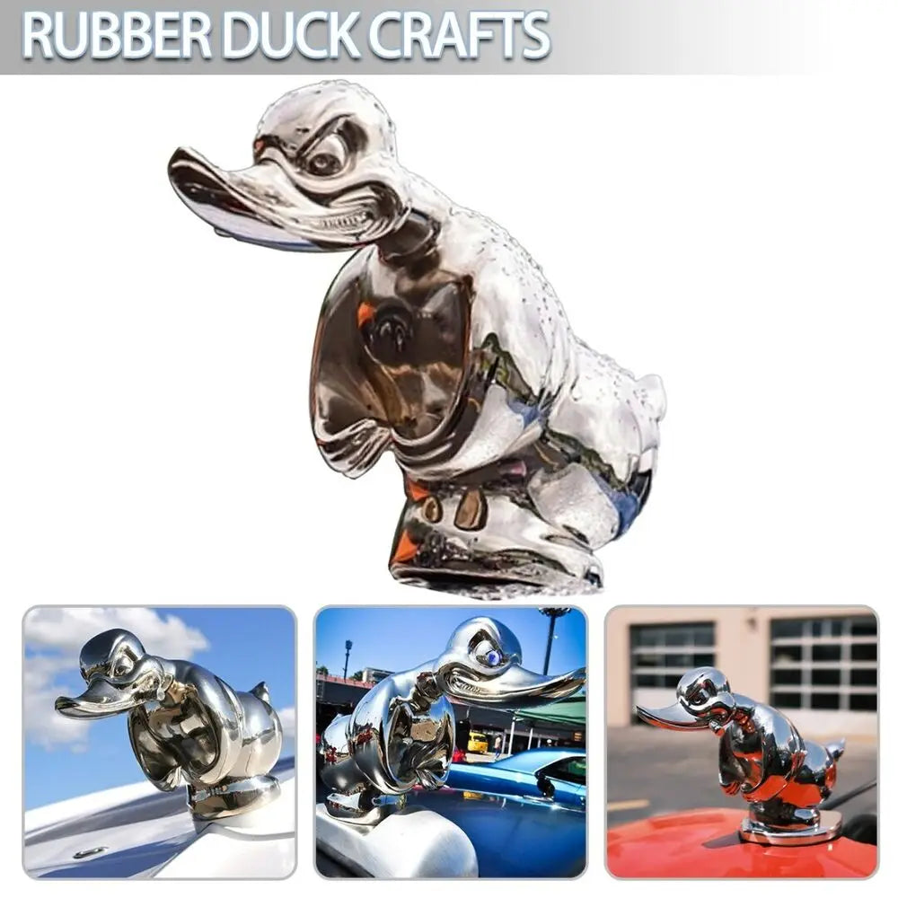 A silver resin duck hood ornament for a car or motorcycle displayed on various surfaces.