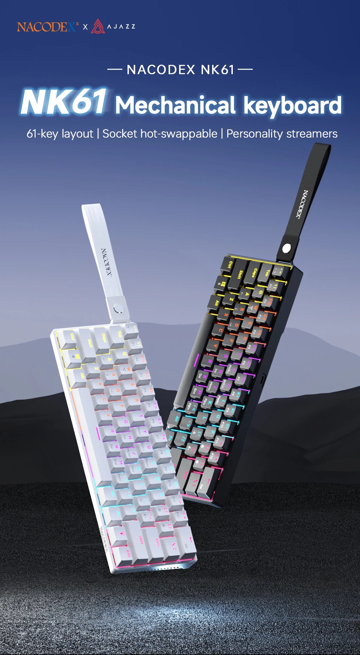 Nahaufnahme einer schwarzen mechanischen Tastatur mit rosa und lila Akzenten, 61-Tasten-Layout und abnehmbarem Switch