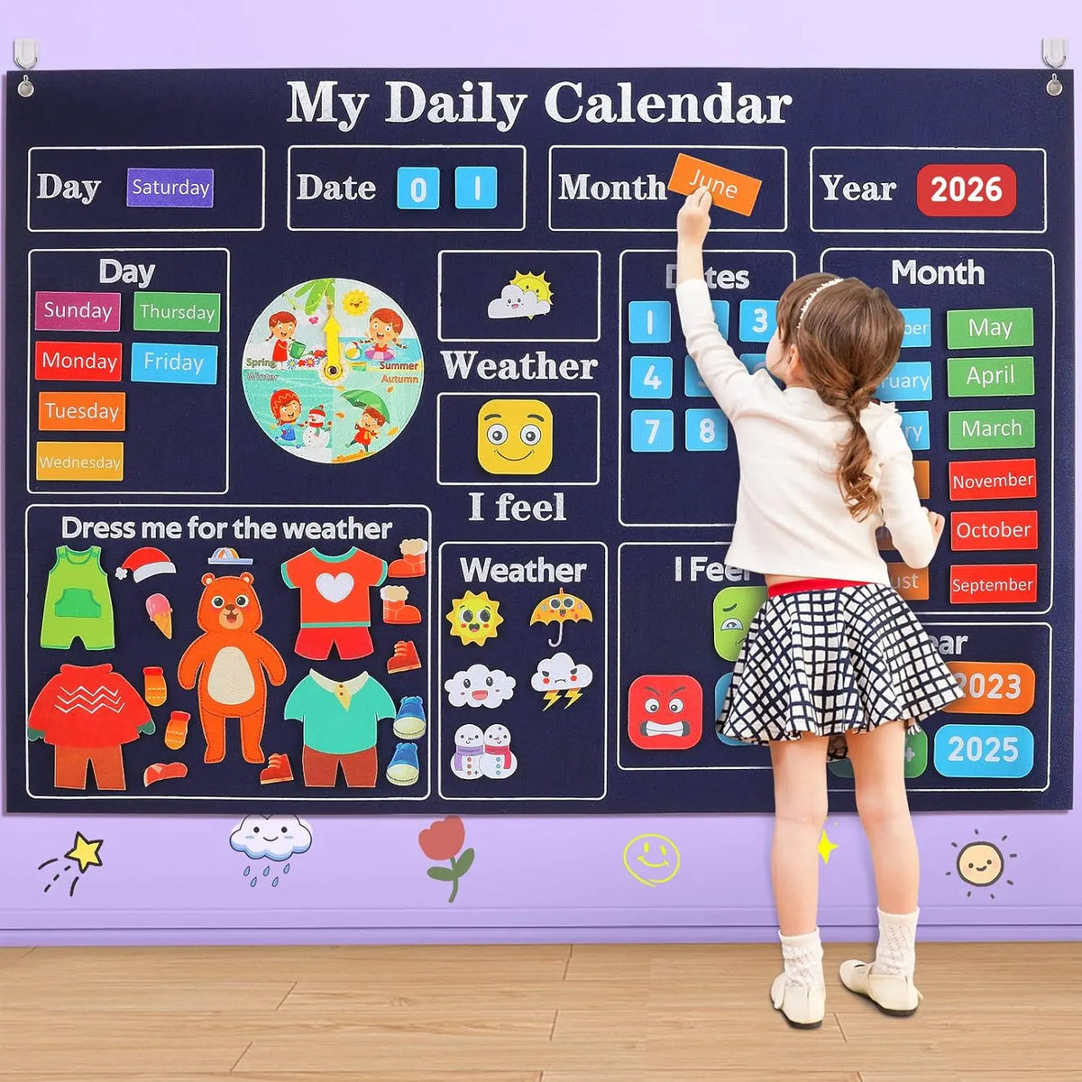 A girl stands in front of a dark calendar board titled My Daily Calendar showing weather, feelings, and dates.