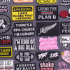 A collection of black, yellow, and pink embroidered iron-on letter and word patches with various phrases like WARNING LIVING 