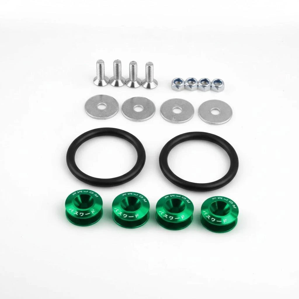 A set of quick release bumper fasteners including pins and washers for car body panels