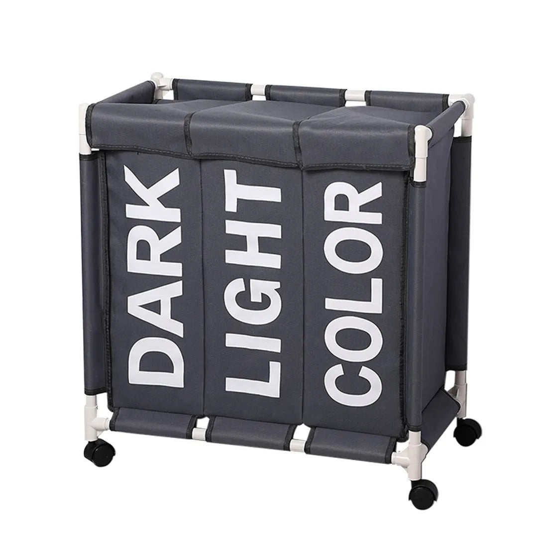 A dark gray rolling laundry hamper with white text reading DARK LIGHT COLOR.
