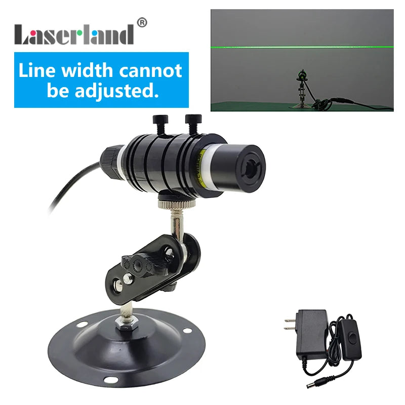 A black laser module with a green line visible, mounted on a circular base.
