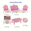 Pink velvet living room set including a sofa, two armchairs, and a coffee table for dollhouse play