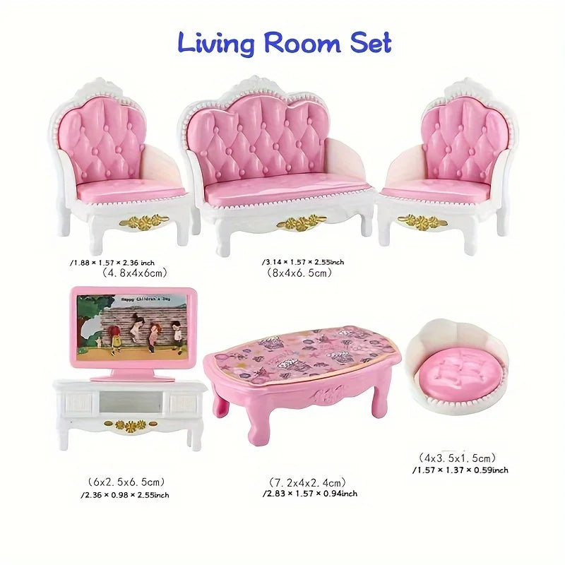 Pink velvet living room set including a sofa, two armchairs, and a coffee table for dollhouse play