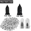 Collection d'objets coniques noirs de différentes tailles et tubes en plastique transparents pour kits de réparation de pneus