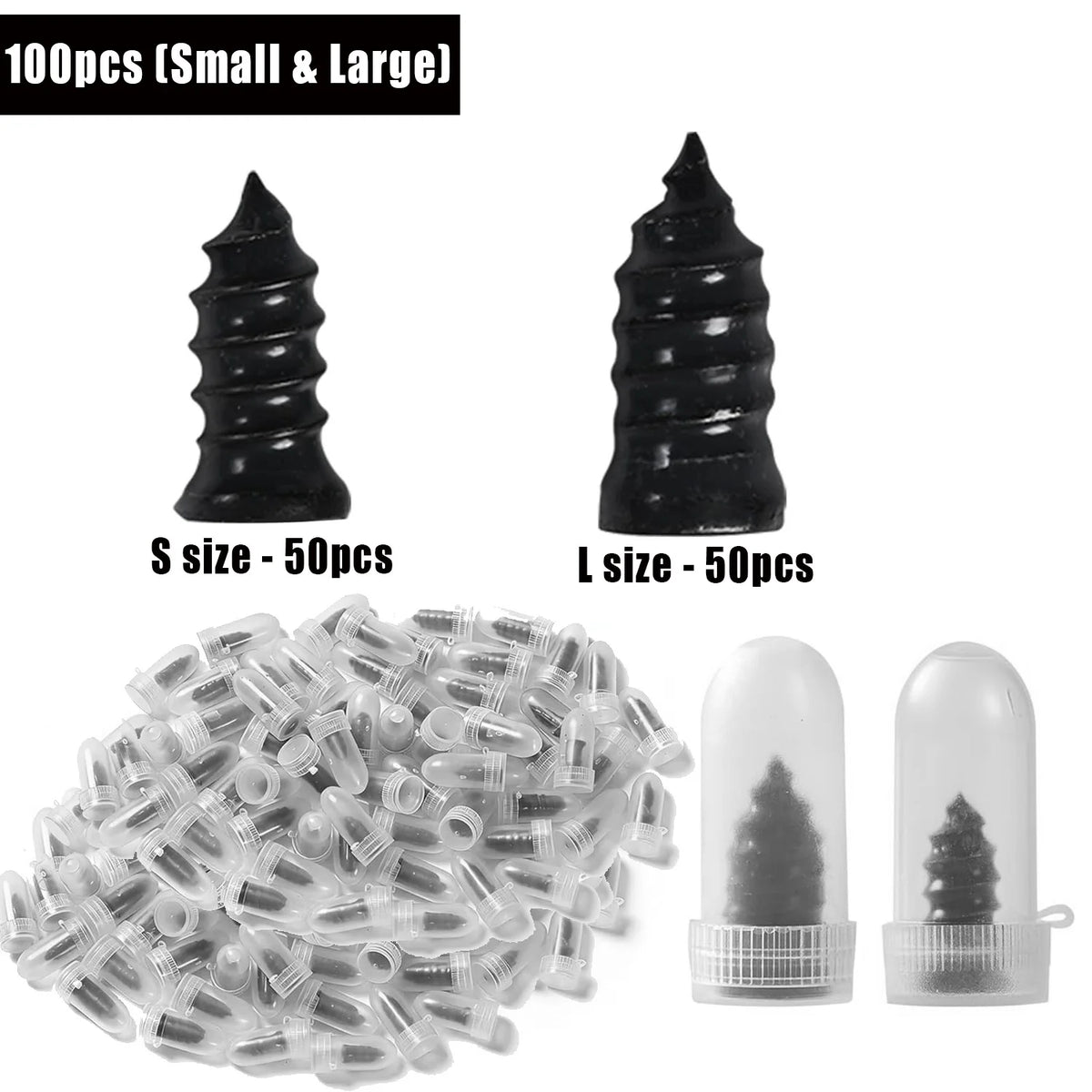 Collection d'objets coniques noirs de différentes tailles et tubes en plastique transparents pour kits de réparation de pneus