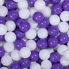 A close-up view of a pack of purple and white colorful ball pit balls for toddlers and kids.